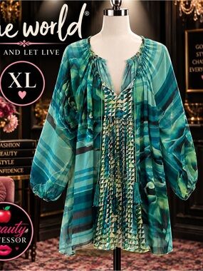 One World XL Teal Boho Mixed Print Sheer Tunic Dress Tassel Top